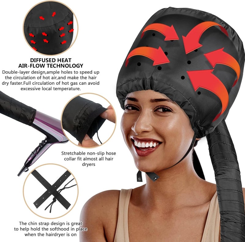 WOBEVB Bonnet Hood Hair Dryer Attachment - Hair Dryer Bonnet with Elastic Strap, Used for Hair Styling, Deep Conditioning and Hair Drying (Black) - Image 2